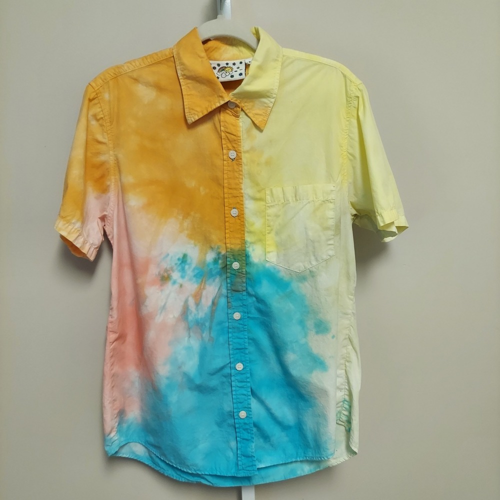 Big Bud Press Sunset Tie Dye Short Sleeve Button Up Shirt Cotton Yellow Blue L